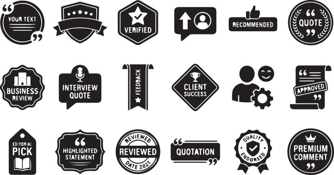 Premium black testimonial badge and quote label collection featuring verified review, client feedback, recommendation, approval, business endorsement, and premium comment icons