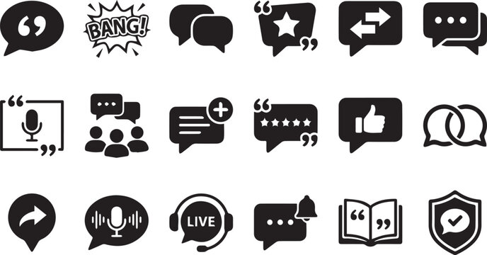 Premium communication and customer feedback icon collection featuring chat bubbles, quote reviews, live support, messaging, testimonials, notifications, and social interaction