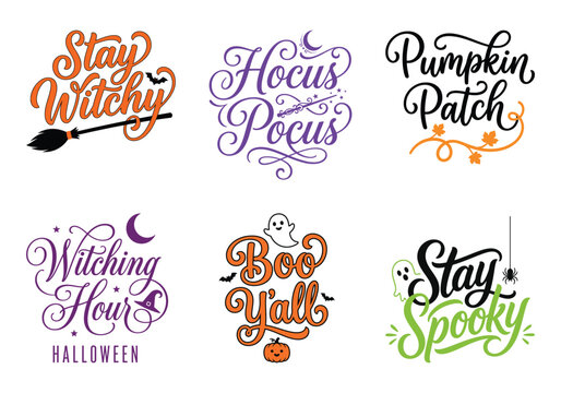 Halloween typography set featuring spooky witch hocus pocus pumpkin ghost bat