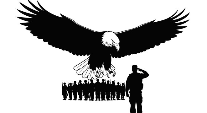 Soldier saluting under eagle with white illustration soldier over line soldiers eagle flying black white nationalism monochrome patriotic with military