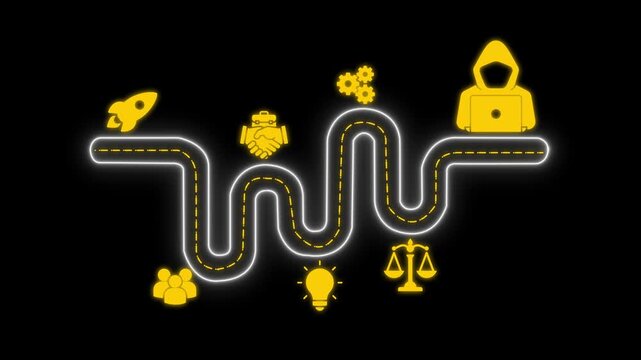 Business roadmap infographic with neon startup growth and cyber security concept