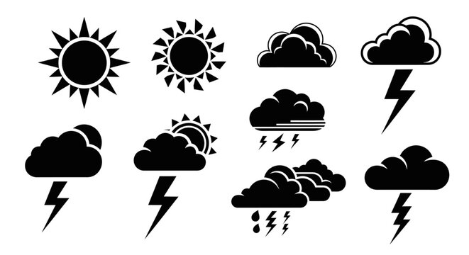 Weather icons with sun clouds with white background including collection black weather clouds lightning bolts with meteorology forecast elements