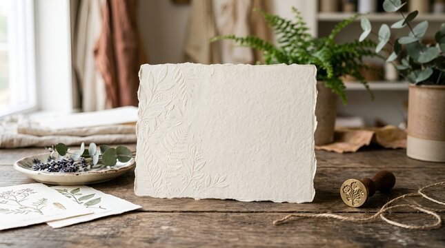 Blank deckle-edge paper with floral embossing, craft supplies, rustic desk