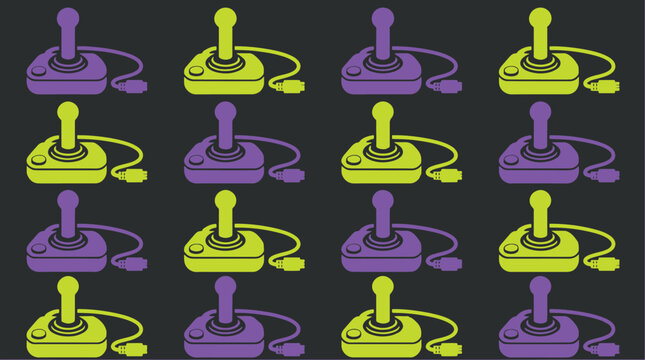 Colorful video game controllers arranged in a grid pattern.
