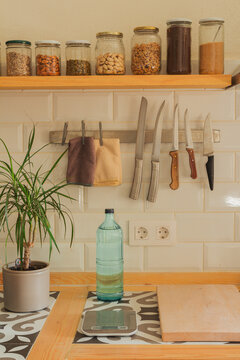 Organized rustic kitchen counter preparation