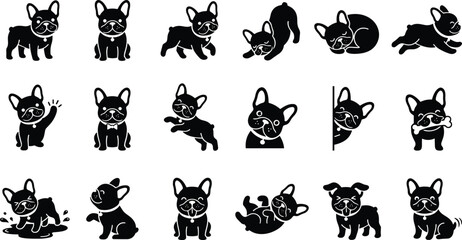 Fototapeta premium Cute French Bulldog Silhouette Icon Set with Playing, Sleeping, and Sitting Puppy Poses for Logo and Tattoo Designs