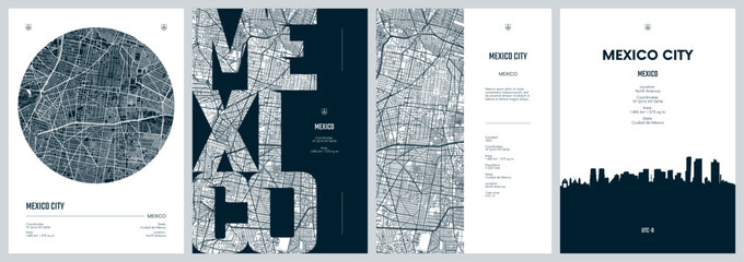 Set of travel posters with Mexico City is the capital and most populous city of Mexico, detailed urban street plan city map, Silhouette city skyline, vector artwork © max_776