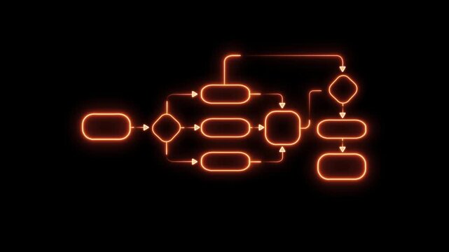Glowing orange flowchart diagram for business process and data workflow visualization