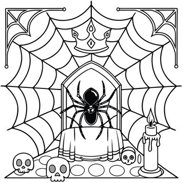 Spider Queen Throne Halloween Horror Vector Coloring Page