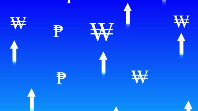 Global currency growth: rising won and peso symbols on blue background