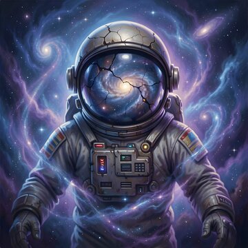 A colossal, ancient astronaut emerging from a nebula, their helmet cracked to reveal a cosmic vista