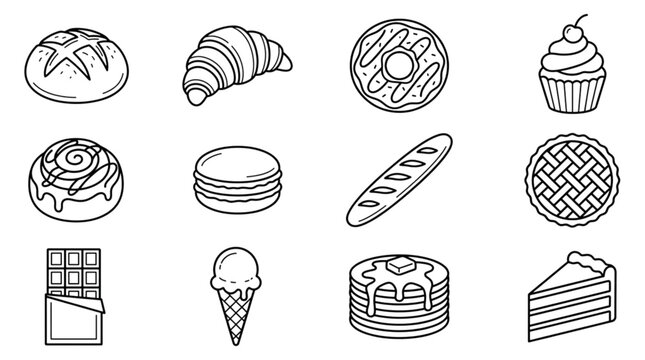 Bread Jam Jar Pudding Lollipop Churro Sugar Black and White Line Art Vector Icon Set for Bakery and Dessert Design