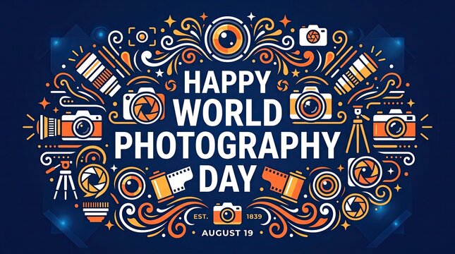 Happy world photography day celebrations with cameras and equipment