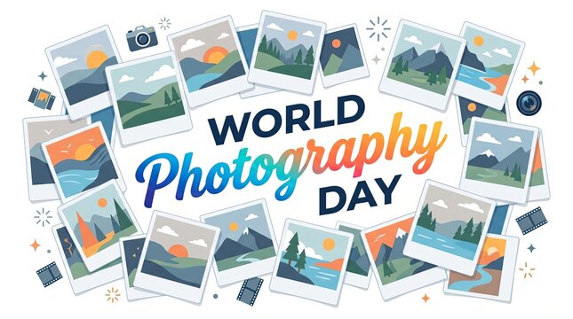 World photography day illustration scenic landscapes and camera elements