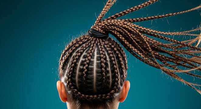 Back view of a person's head showing a high ponytail styled with neat, thin braids against a solid teal background