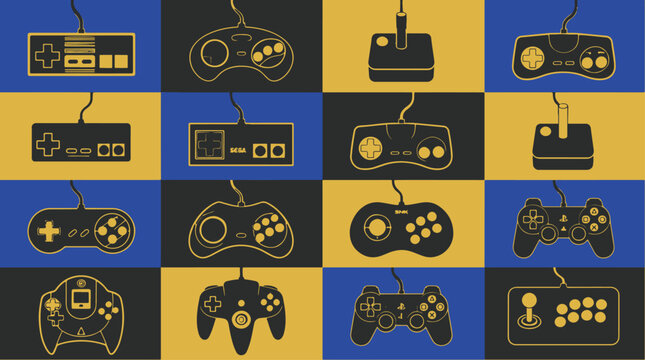 A colorful arrangement of vintage video game controllers on a grid.