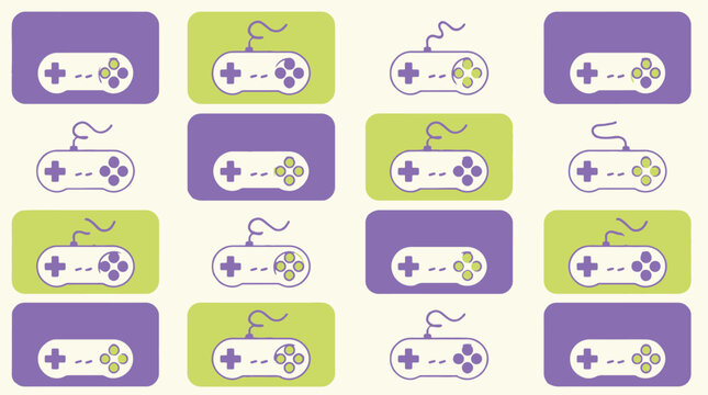 Collection of colorful video game controllers on purple and green squares.