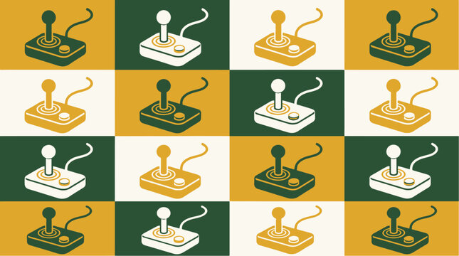 A colorful arrangement of vintage arcade game controllers on a checkered background.