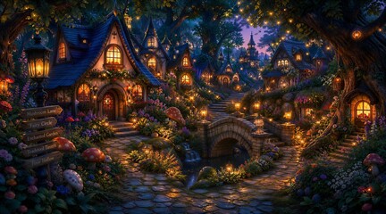 Fototapeta premium Enchanted Fairy Tale Village with Cottages, Bridge and Glowing Lanterns at Night