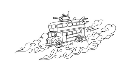Cartoon Double Decker Bus with Tank Turret and Rocket Launchers Speeding Through Clouds © Hujan