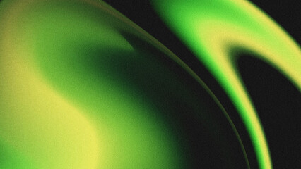 Plakat Dark black textured abstract backdrop with smooth wavy fluid gradients blending lime green and pale yellow, vintage grain noise texture, soft curved swirl shapes.