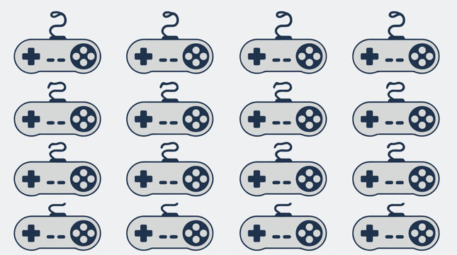 Collection of video game controllers in a grid pattern.