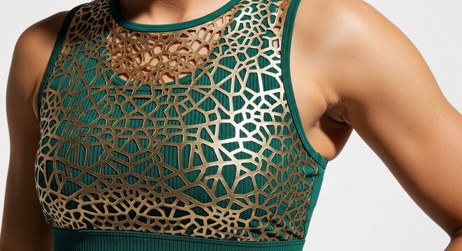 Detailed close-up photo of the upper part of an athletic sports bra. The bra is a rich green color with an intricate, laser-cut gold-colored geometric pattern on the chest