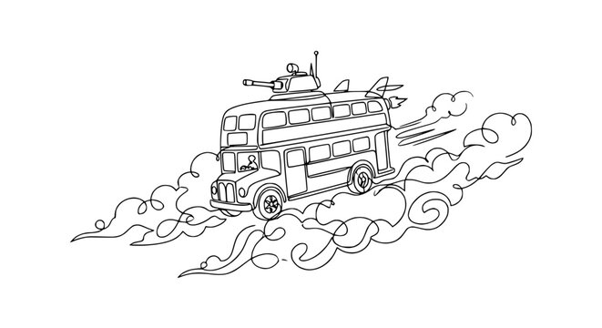 Cartoon Double Decker Bus with Tank Turret and Rocket Launchers Speeding Through Clouds