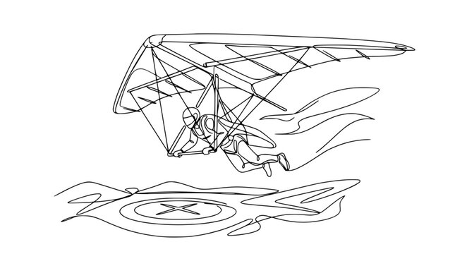 Hang glider pilot soaring over landscape, minimalist line art drawing, adventure sport