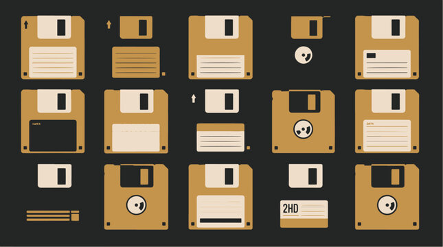 Collection of old floppy disks in various sizes and shapes.