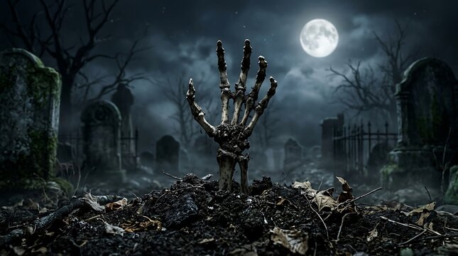 Eerie halloween graveyard scene with skeletal hand emerging from grave under a full moon