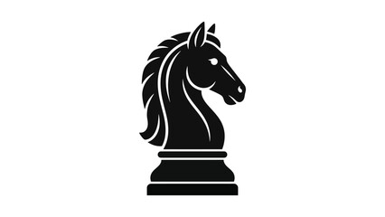 Minimalist black silhouette of chess knight piece with stylized horse head and pedestal base, iconic strategic game symbol representing tactics, creativity, and competition concepts © Clipzax