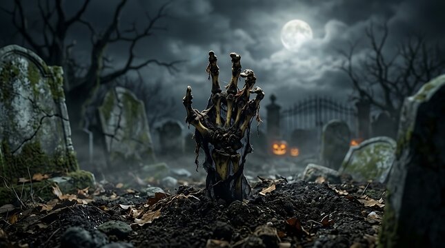 Eerie halloween graveyard scene with a skeletal hand emerging from the earth under a full moon
