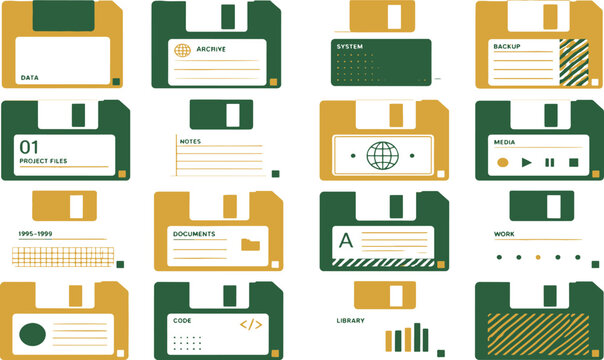 Collection of vintage floppy disk icons in green and yellow.