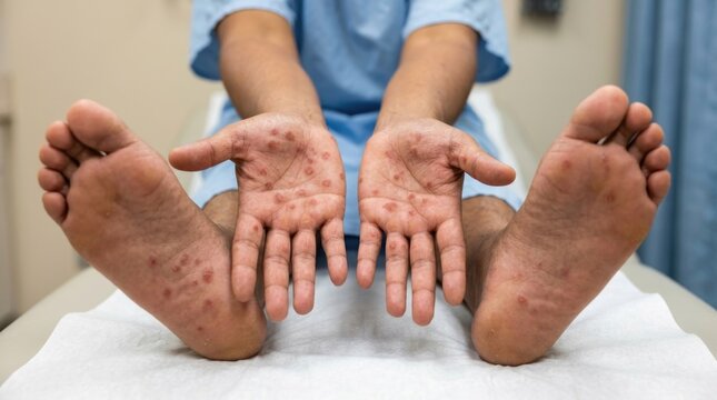 Syphilis Treponema Pallidum: infectious disease, cutaneous rash, patient palm, sole lesion, medical clinic, secondary stage, bacterial infection, dermal macule, doctor diagnosis.