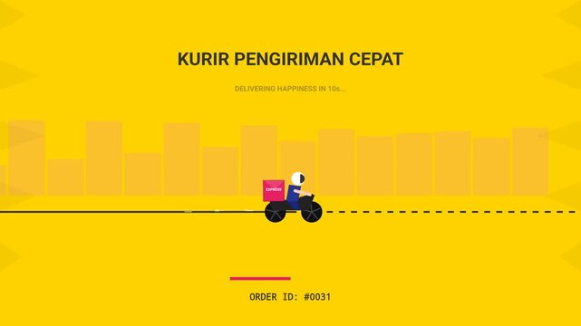 Flat Vector Animation of a Fast Motorcycle Courier Delivering Packages on Yellow Background with Indonesian Text