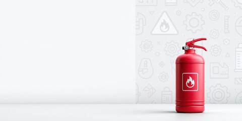 Obraz premium Minimalist Red Fire Extinguisher on White Surface with Safety Icons, Ideal for Industrial Safety Designs