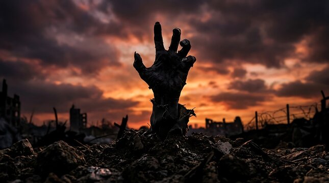 Zombie hand emerging from grave in post apocalyptic wasteland at sunset