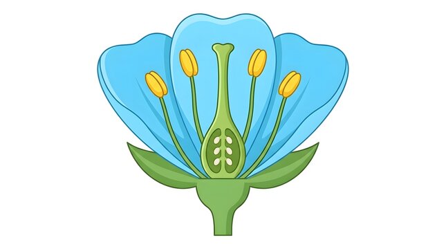 Educational diagram illustration of a blue flower anatomy showing the stamen, pistil, and ovules