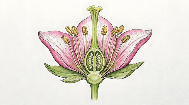Detailed botanical illustration showing the cross-section anatomy of a flower, including petals, pistil, stigma, style, ovary, ovules, and stamens.