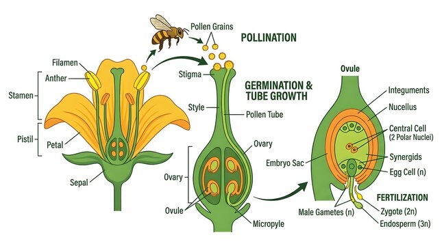 Educational diagram of angiosperm plant pollination, pollen germination, and double fertilization process