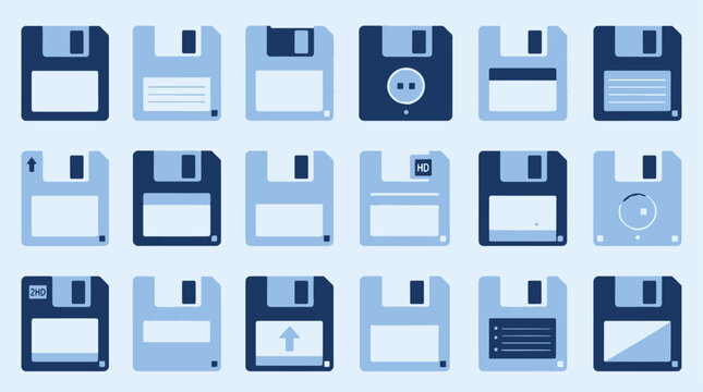 Collection of various old floppy disks in different shades of blue.