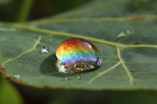 Water droplet refracting rainbow colors on green leaf