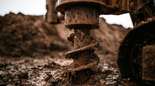Muddy Drilling Operation: Heavy Auger Bit Descends in Wet Terrain, Ideal for Construction or Industrial Projects