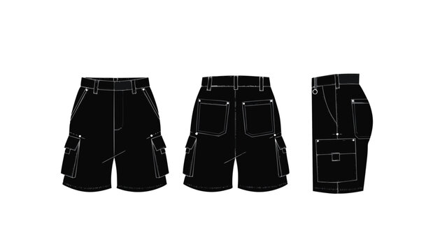 Black Cargo Shorts Technical Drawing Vector Template