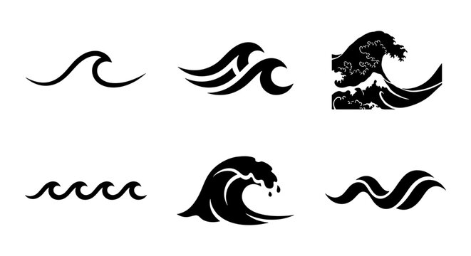 Set of 6 Black and White Wave Icons, Ocean Swells, Sea Surfs, Water Movement Graphics, Nautical Design Elements, Marine Vector Art