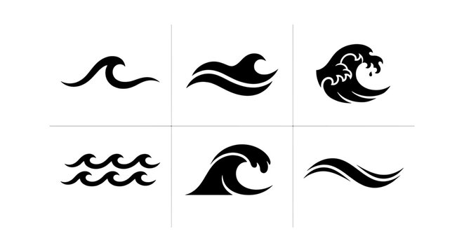 Set of 6 Black Wave Icons, Ocean Swells and Sea Surfs, Water Motion Graphics, Marine Design Elements, Nautical Symbols
