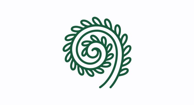 Stylized green fern koru symbol isolated on white.
