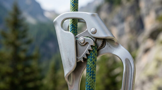 Essential climbing ascender device securing colorful rope in mountains