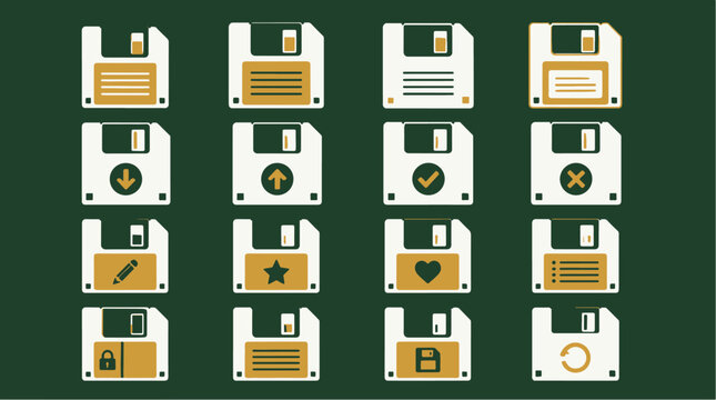 Collection of floppy disk icons with various symbols.
